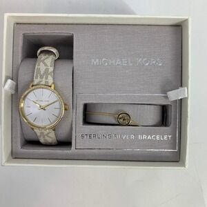 Michael Kors Ladies Penny Watch Bracelet Set‎ Gold Tone MK Logo Monogram Band